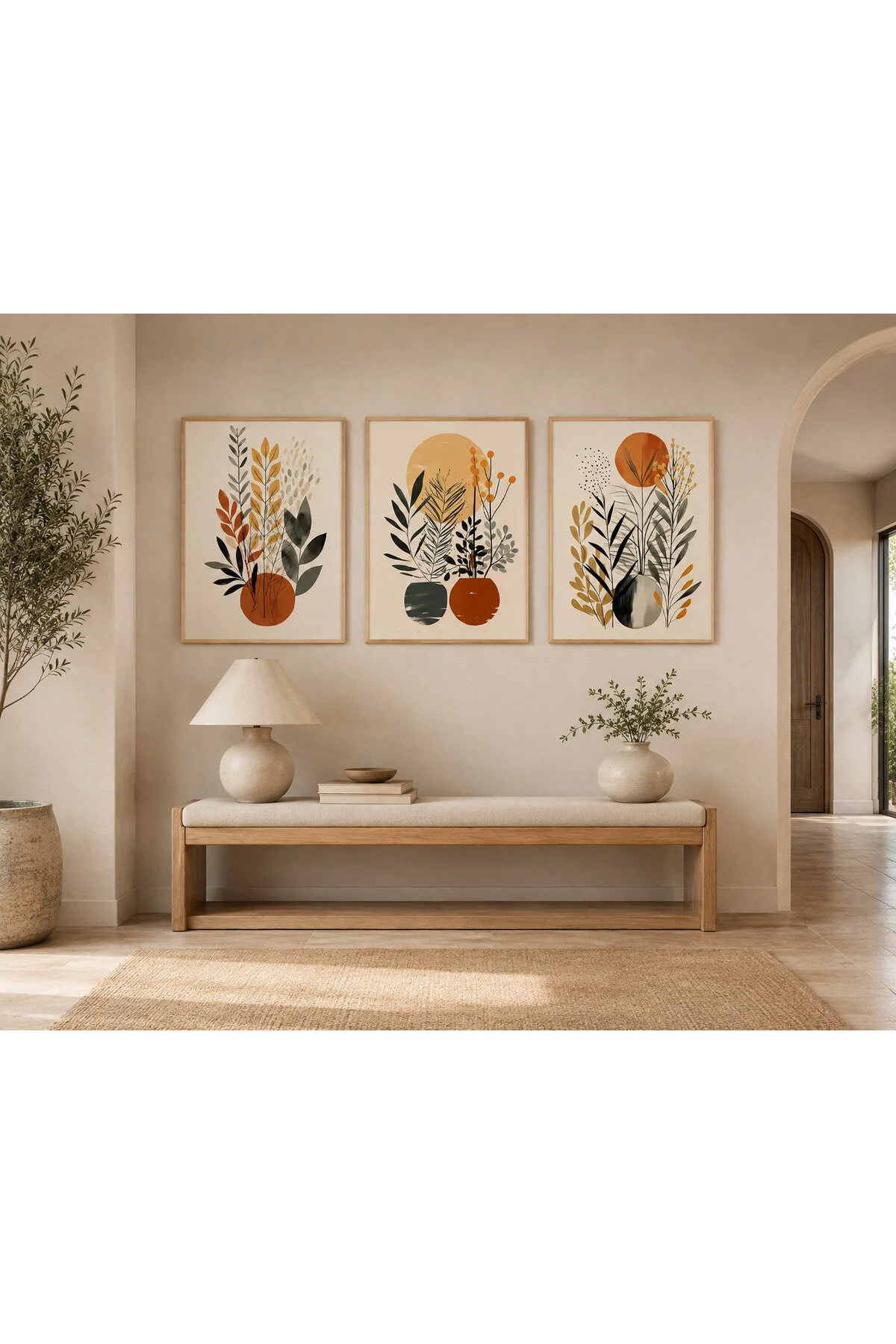 Sonbahar Tonlarında Botanik Yapraklar ve Çiçekler Temalı Modern 3'lü Set Dekoratif Duvar Tablosu - R0135