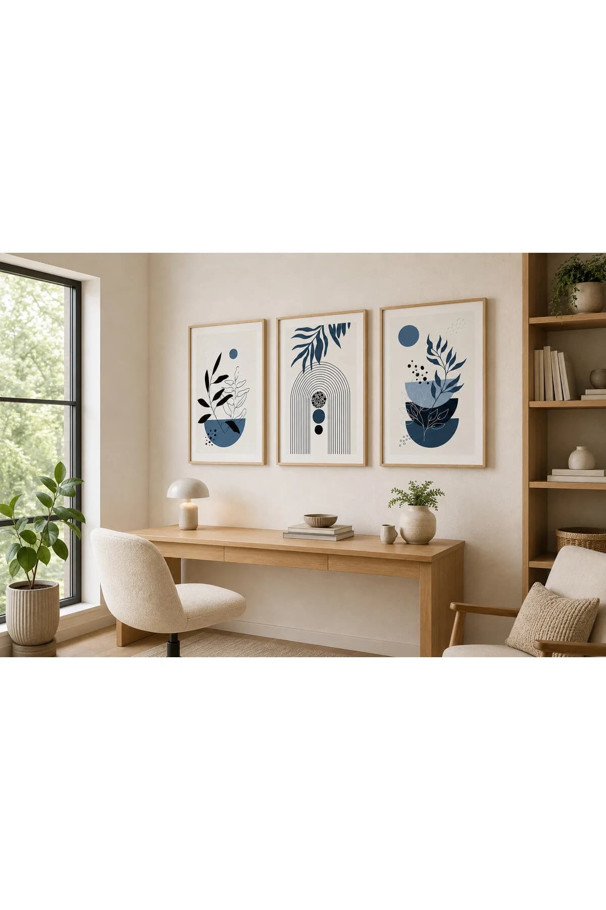 Lacivert Botanik Yapraklar ve Geometrik Kemer Formları Temalı Modern 3'lü Set Dekoratif Duvar Tablosu - R0132 — görsel 2