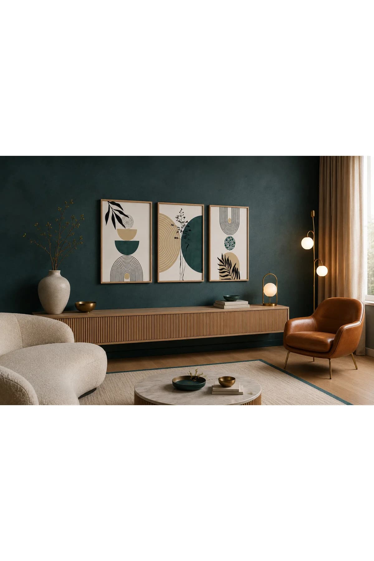 Koyu Yeşil Botanik Yapraklar ve Geometrik Formlar Temalı Modern 3'lü Set Dekoratif Duvar Tablosu - R0133 — görsel 2