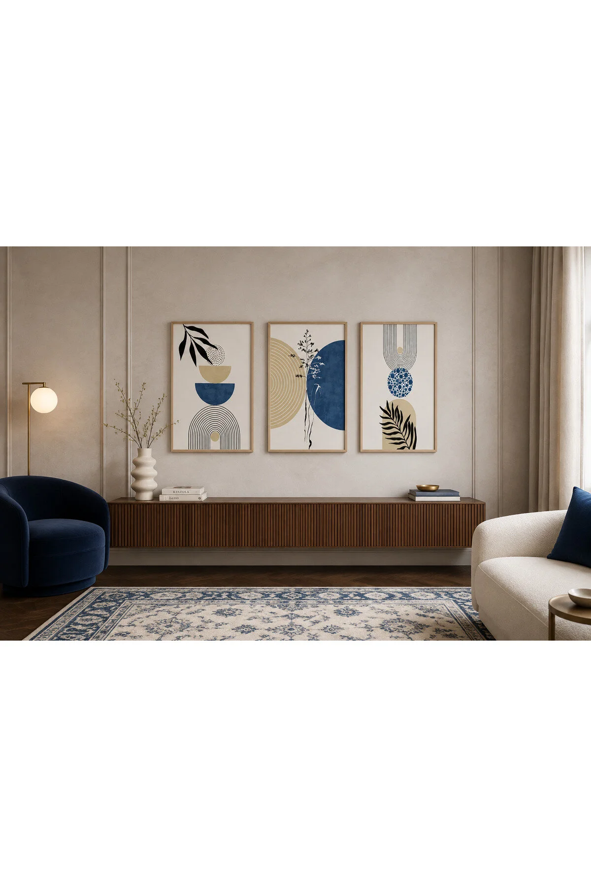 Lacivert Geometrik Formlar ve Botanik Yapraklar Temalı Modern 3'lü Set Dekoratif Duvar Tablosu - R0130