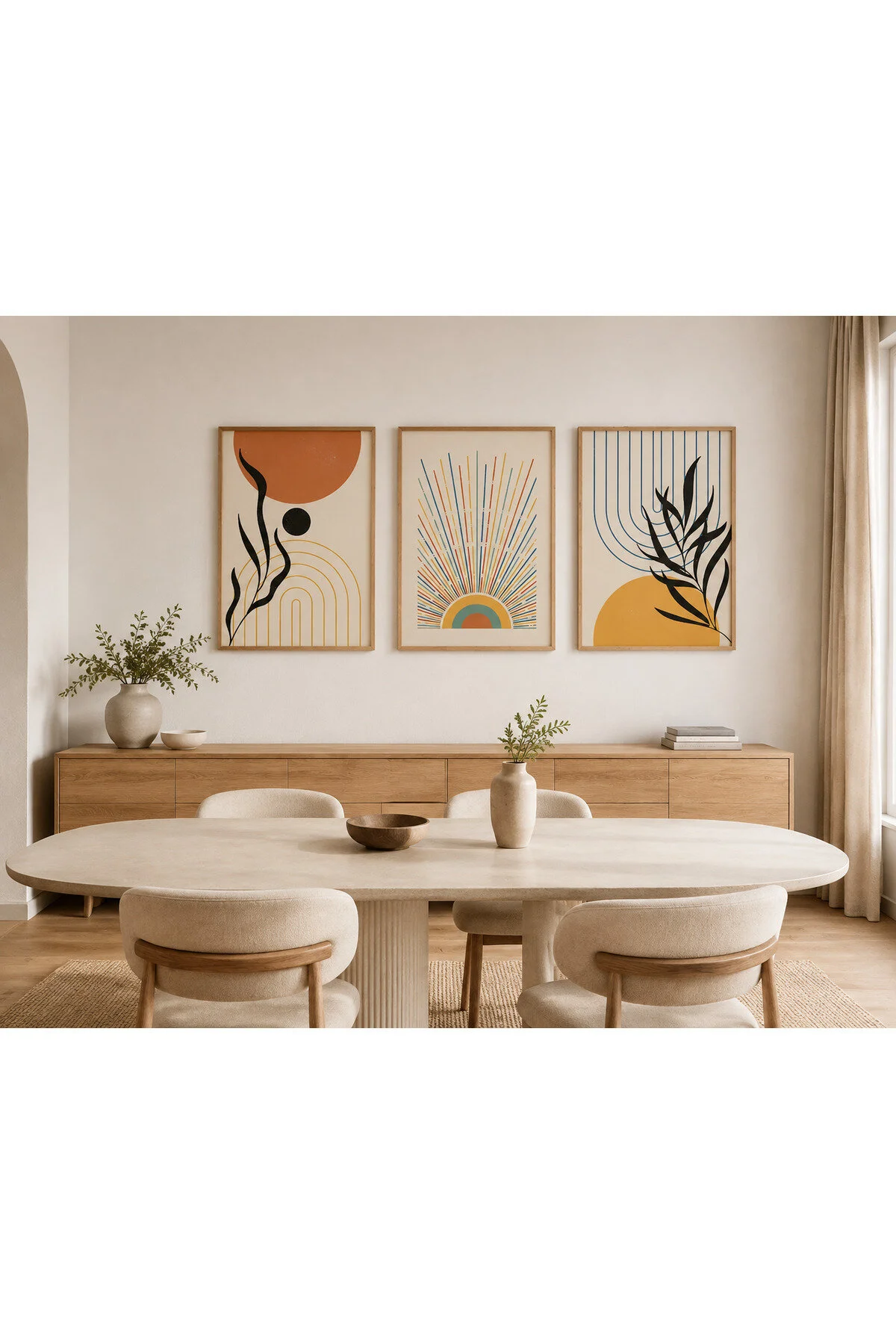 Renkli Güneş Işınları ve Botanik Yapraklar Temalı Modern 3'lü Set Dekoratif Duvar Tablosu - R0131