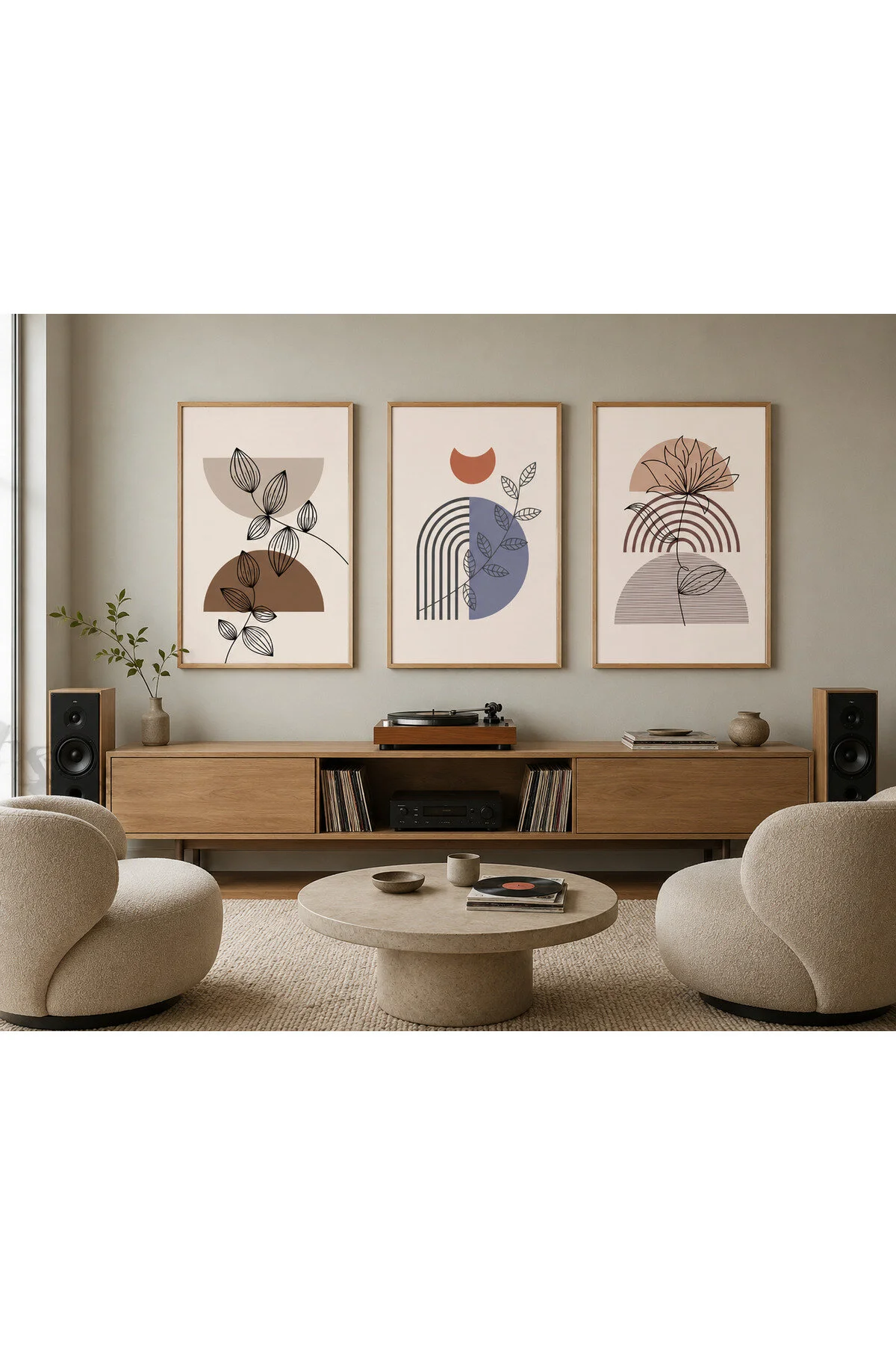 Modern Soyut Çiçek ve Geometrik Desenli 3'lü Set Dekoratif Duvar Tablosu - R0141