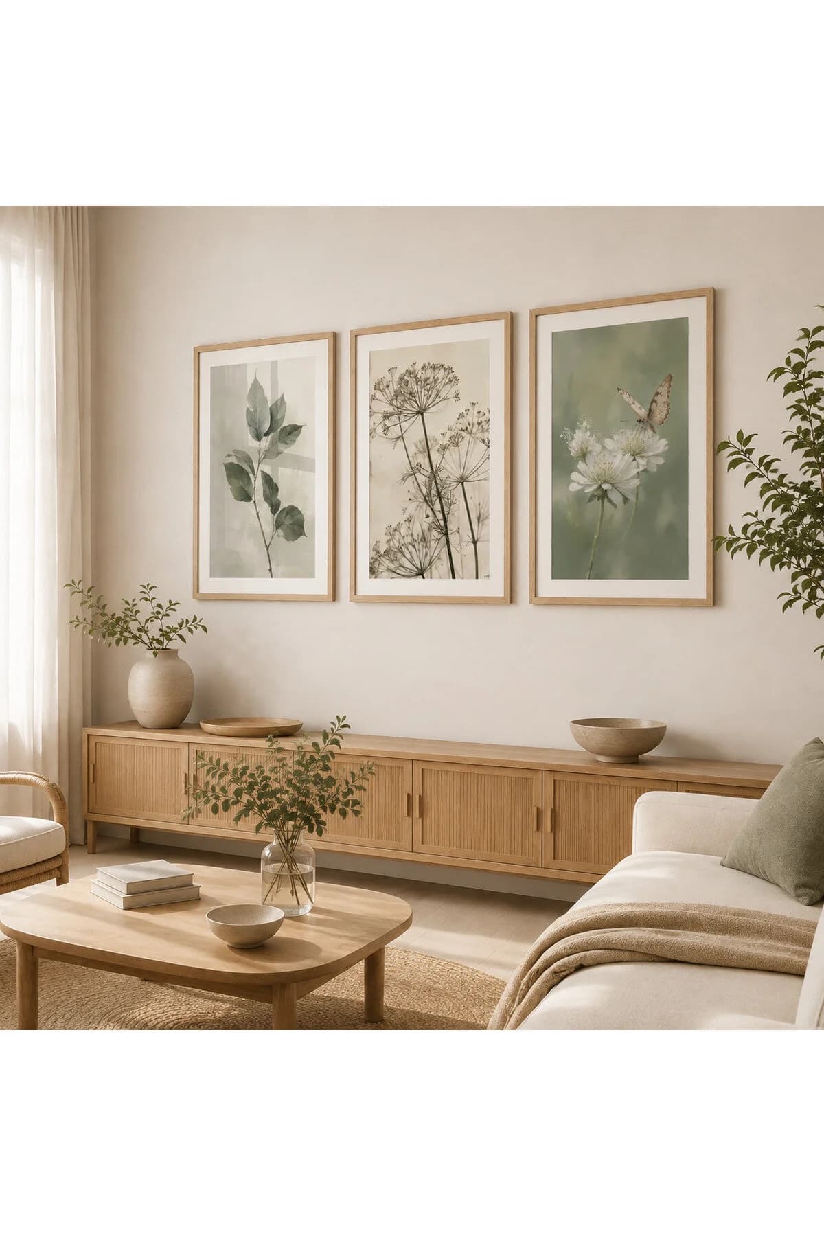 Zarif Botanik Yapraklar, Kır Çiçekleri ve Kelebek Temalı Modern 3'lü Set Dekoratif Duvar Tablosu - R0145 — görsel 2