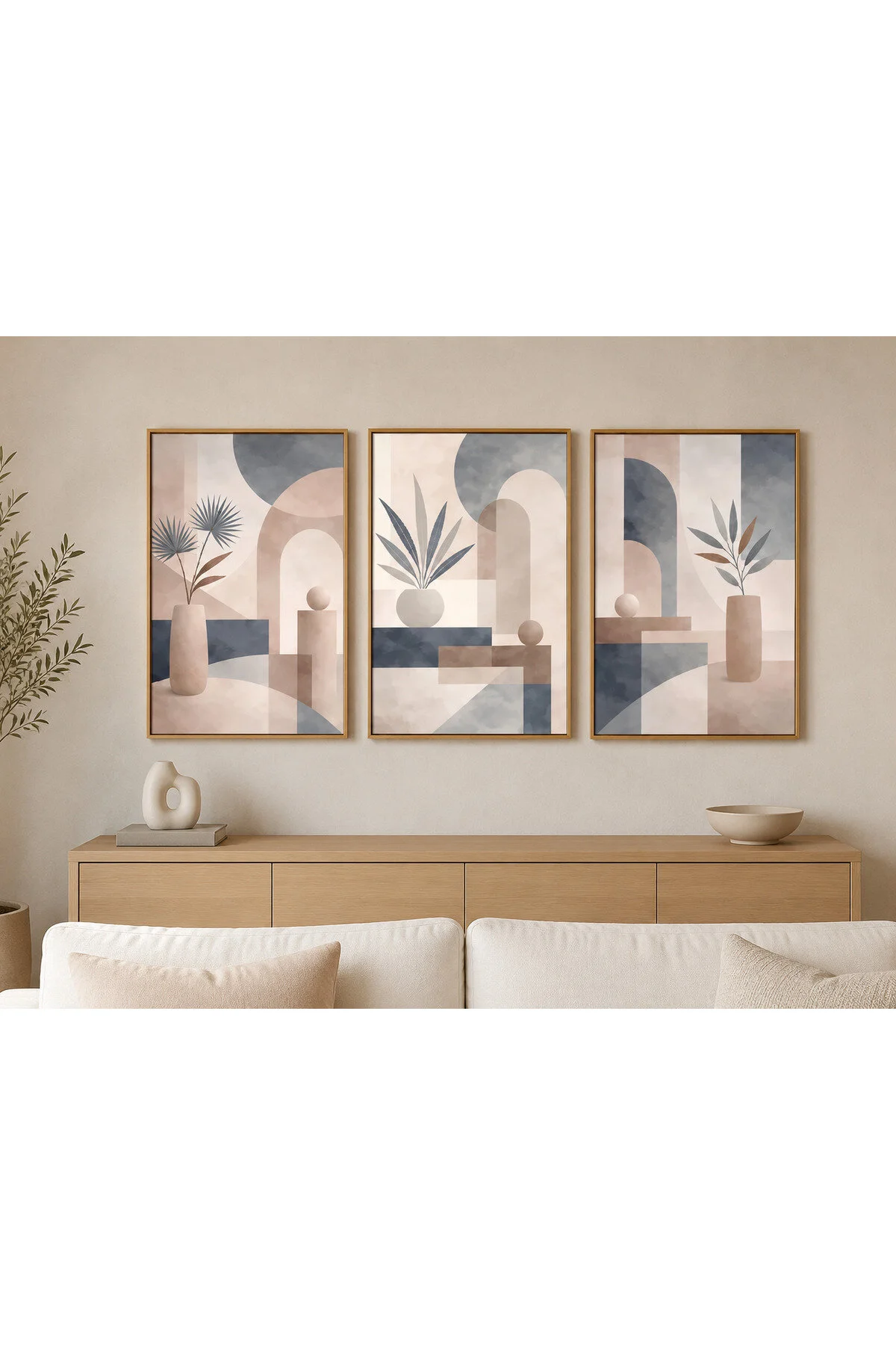 3’lü Modern Bohem Dekoratif Duvar Tablosu Seti Abstract Geometrik Bitki Desenli Çerçeveli Tablo - R0143