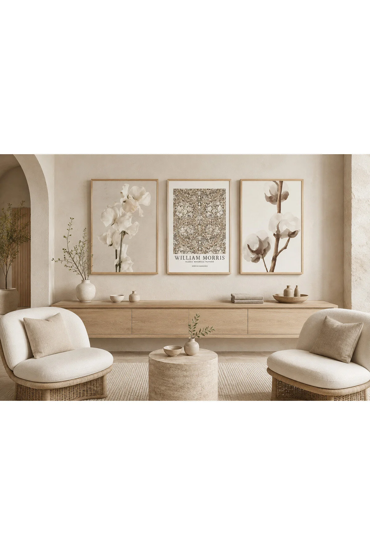 William Morris Desen ve Beyaz Çiçekler Temalı 3'lü Set Dekoratif Duvar Tablosu - R0150