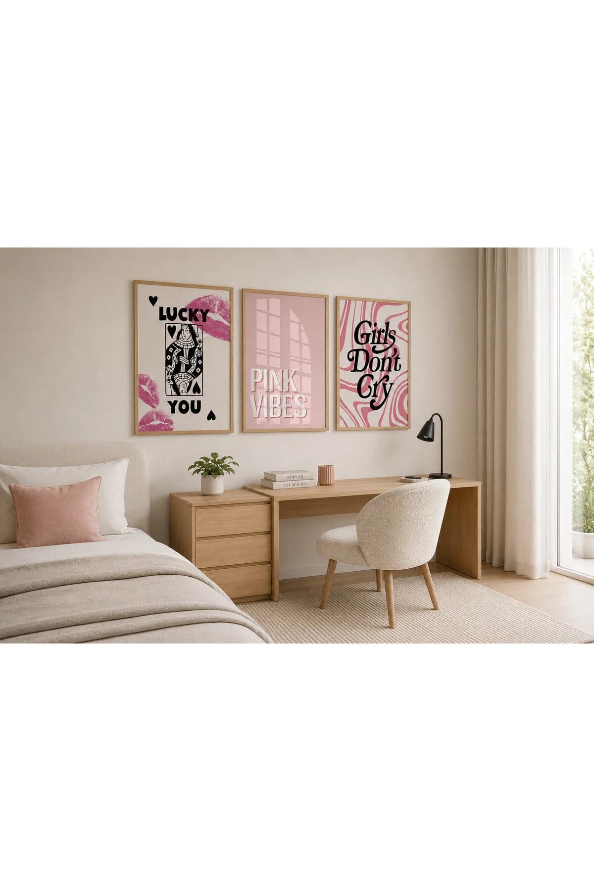 Pink Vibes Lucky You ve Girls Don’t Cry Temalı 3'lü Genç Odası Dekoratif Duvar Tablosu - R0149 — görsel 2